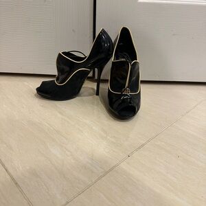 Gucci Black Patent Peep-Toe Stiletto Heels with Gold Trim